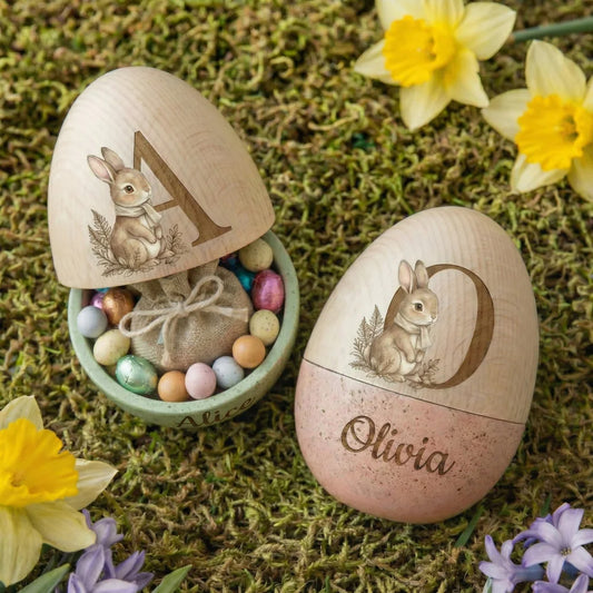 Personalized Engraved Name and Initial Bunny Design Wooden Easter Egg, Basket Stuffers, Farmhouse Spring Tabletop Decor, Easter Gift for Kids